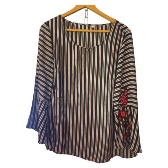 Striped Black and White Blouse with Floral Embroidery - Picture 1 of 7